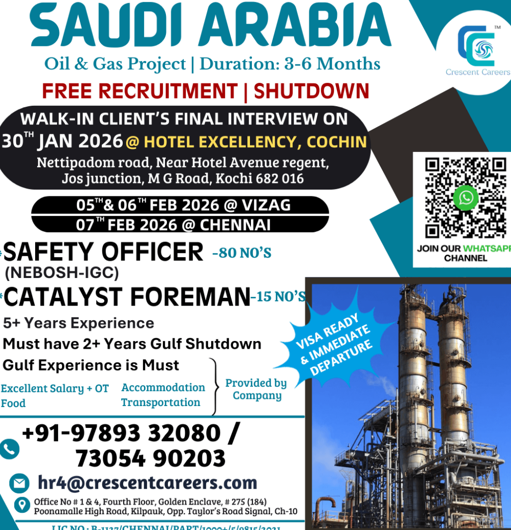Hiring for Oil & Gas Project at SAUDI ARABIA