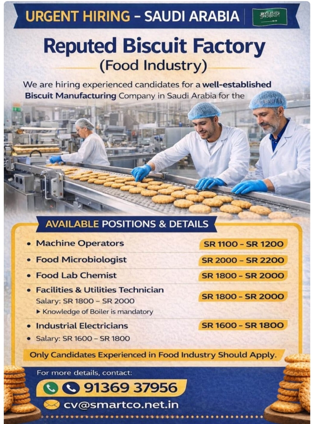HIRING FOR SAUDI ARABIA REPUTED BISCUIT FACTORY