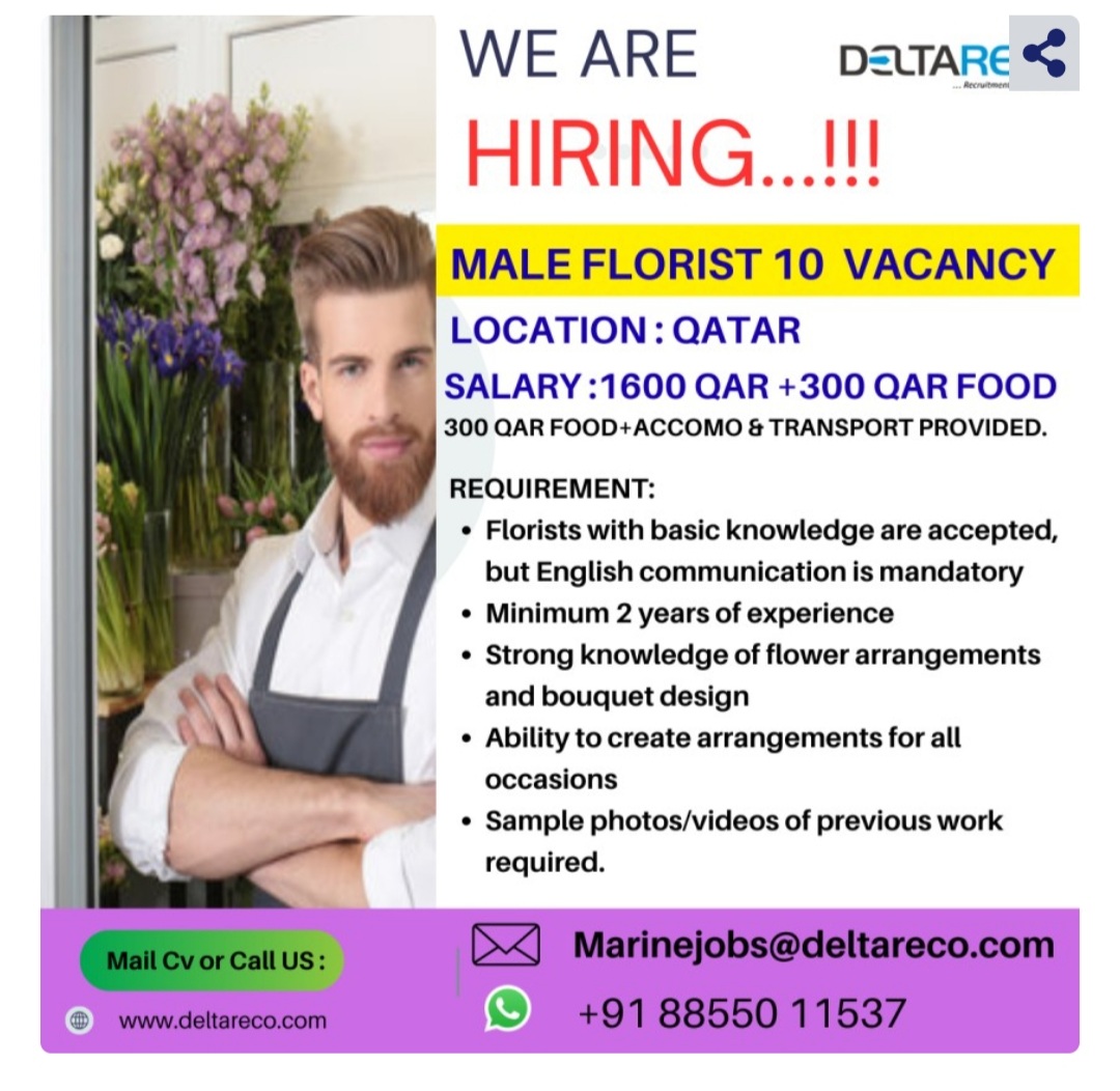 Hiring Male Florist for Qatar Location 10 Vacancy