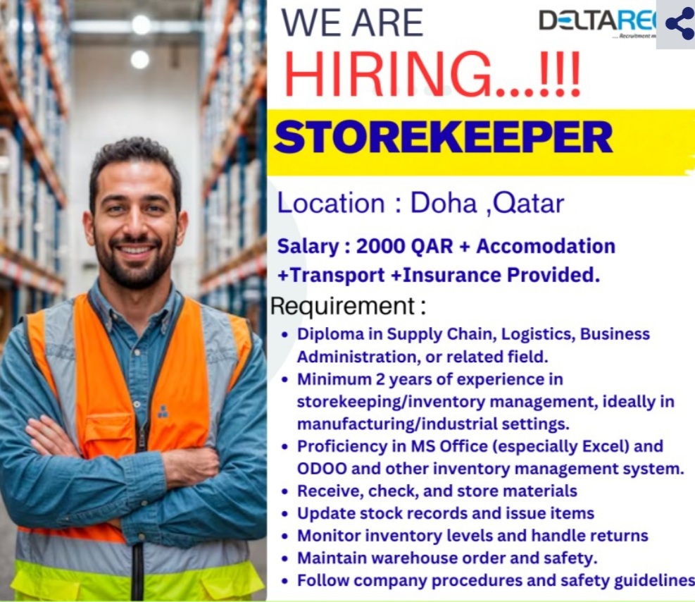 Hiring Storekeeper for Qatar