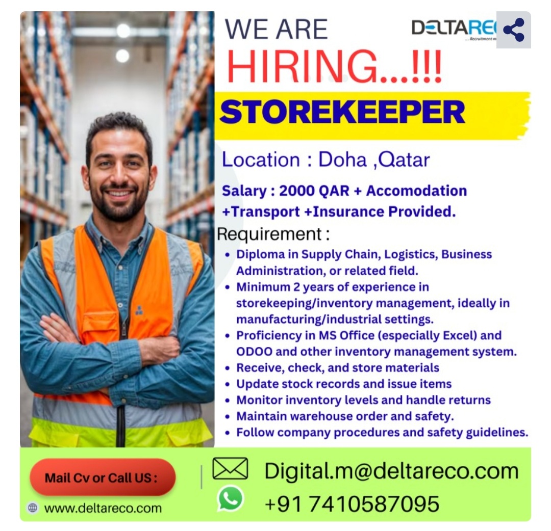 Hiring Storekeeper for Qatar