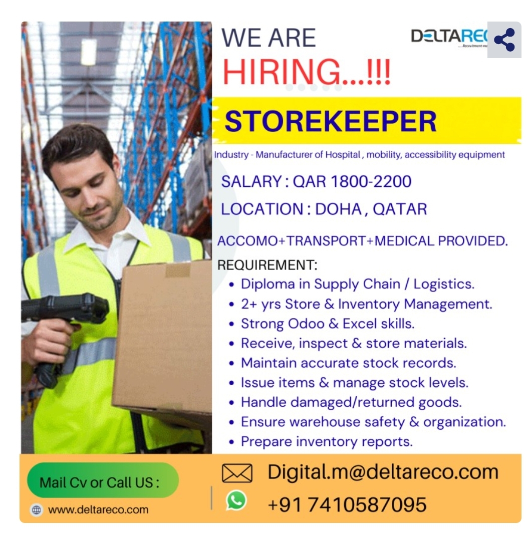 Hiring Storekeeper for Qatar