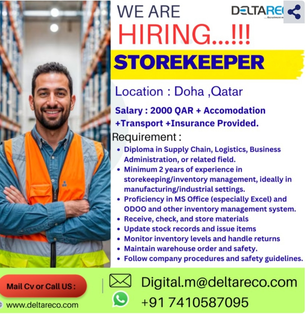 Hiring Storekeeper for Qatar