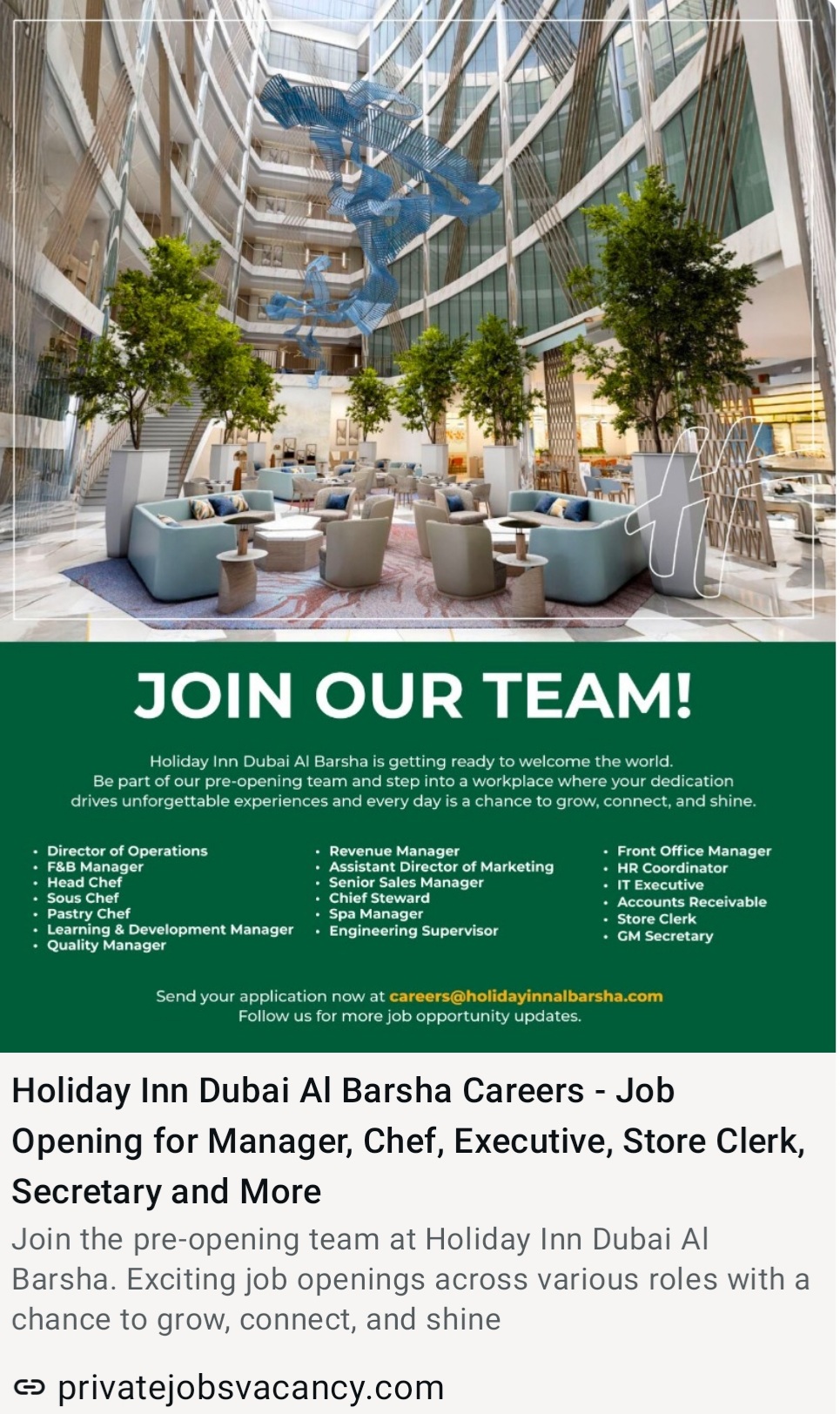 HOLIDAY INN DUBAI AI AL BARASHA CAREERS IS HIRING FOR 2026