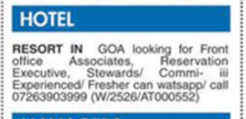 HOTEL JOB IN GOA