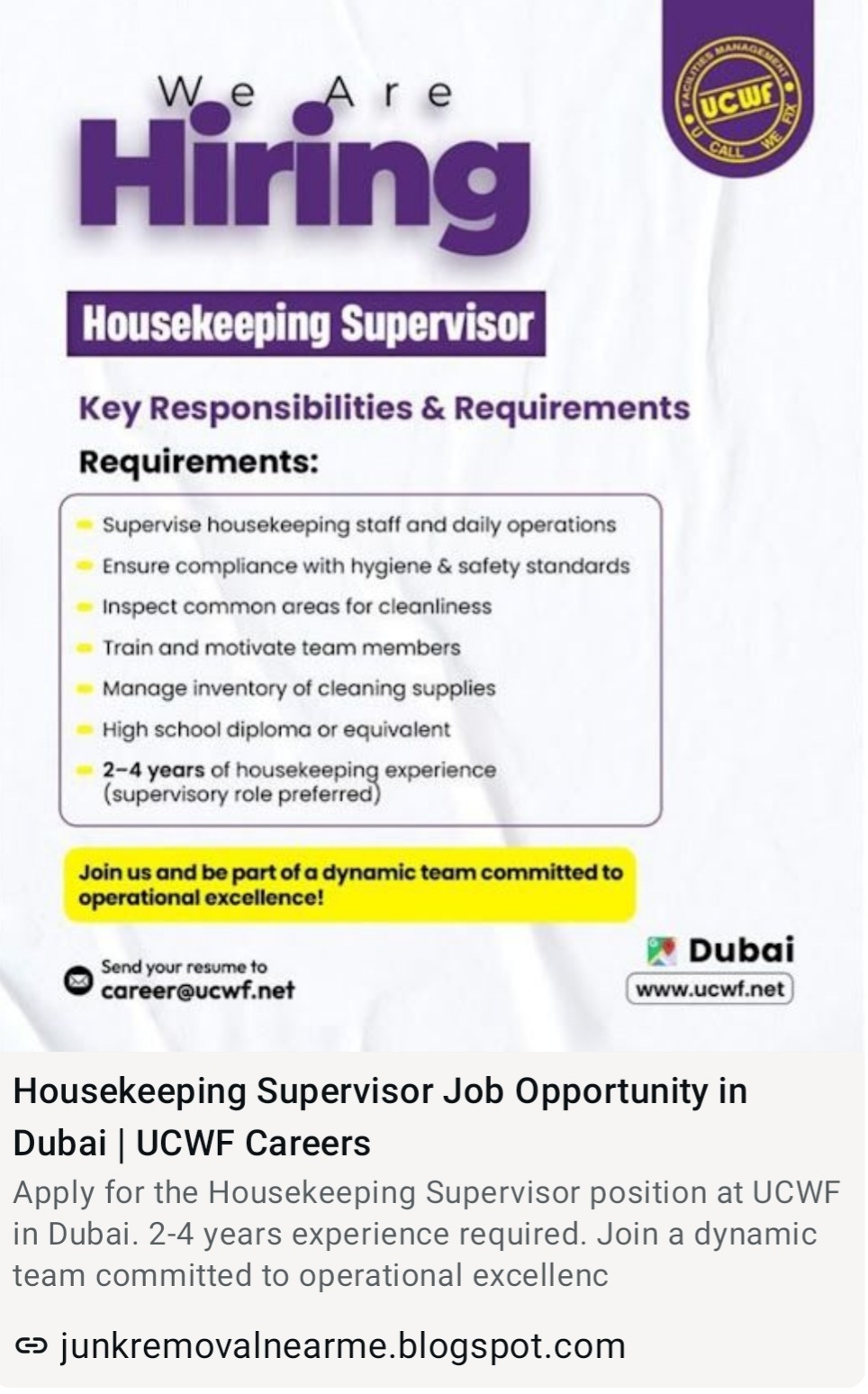 HOUSE KEEPING SUPERVISOR JOB VACANCY IN DUBAI