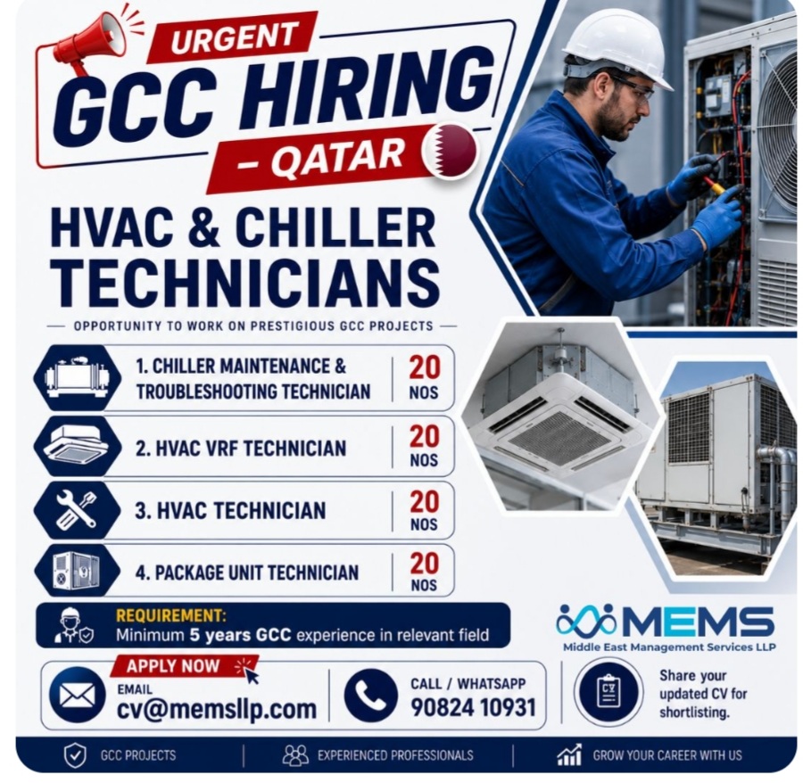 HVAC & CHILLER TECHNICIANS – 80 VACANCIES