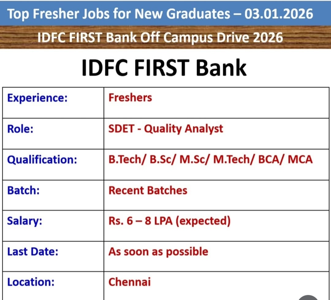 IDFC FIRST BANK OFF CAMPUS DRIVE