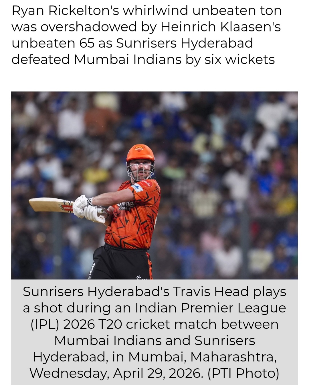IPL 2026: Head, Klaasen Power SRH To 6-Wicket Win Over MI