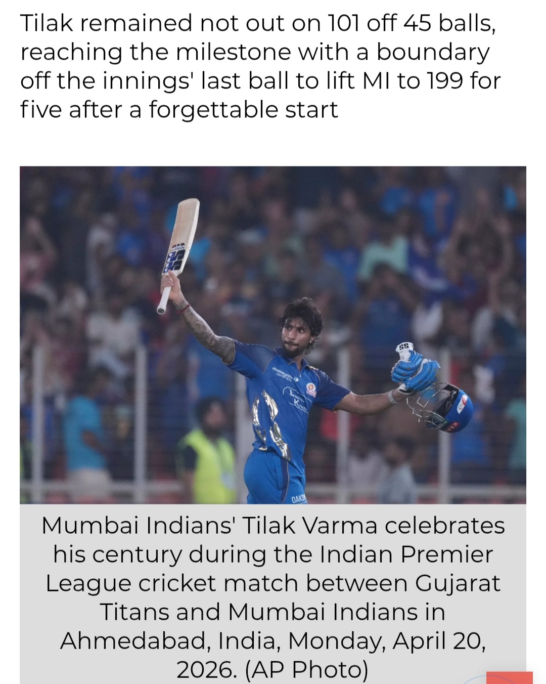 IPL 2026: Tilak Varma’s Ton Helps Mumbai Indians Beat GT By 99 Runs