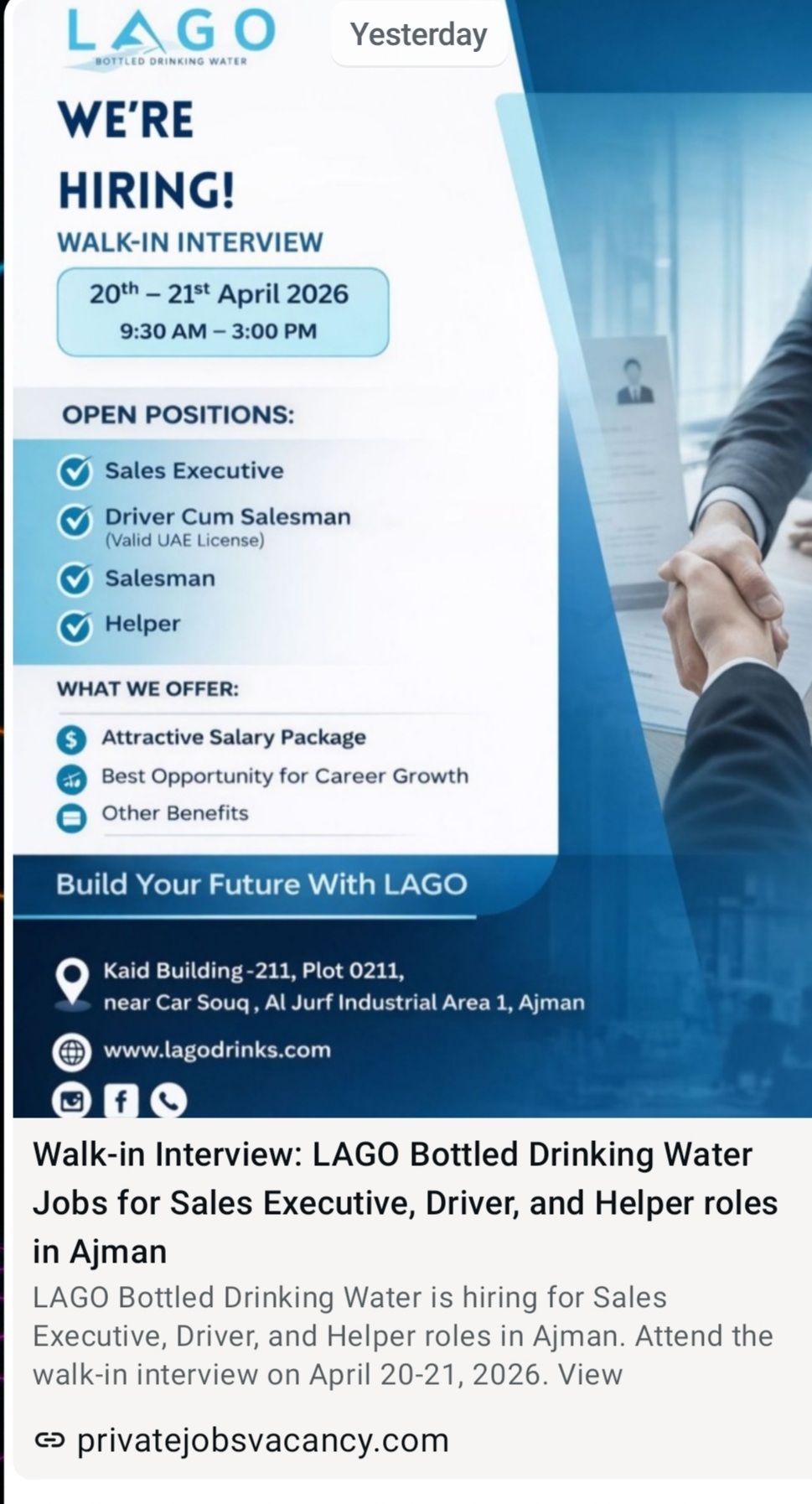 LAGO BOTTLED DRINKING WATER IS HIRING