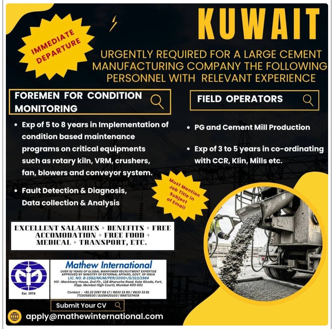LARGE CEMENT MANUFACTURING CO IS HIRING FOR KUWAIT