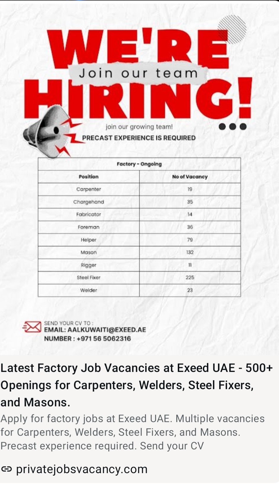 LATEST FACTORY JOB VACANCY AT EXCEED UAE