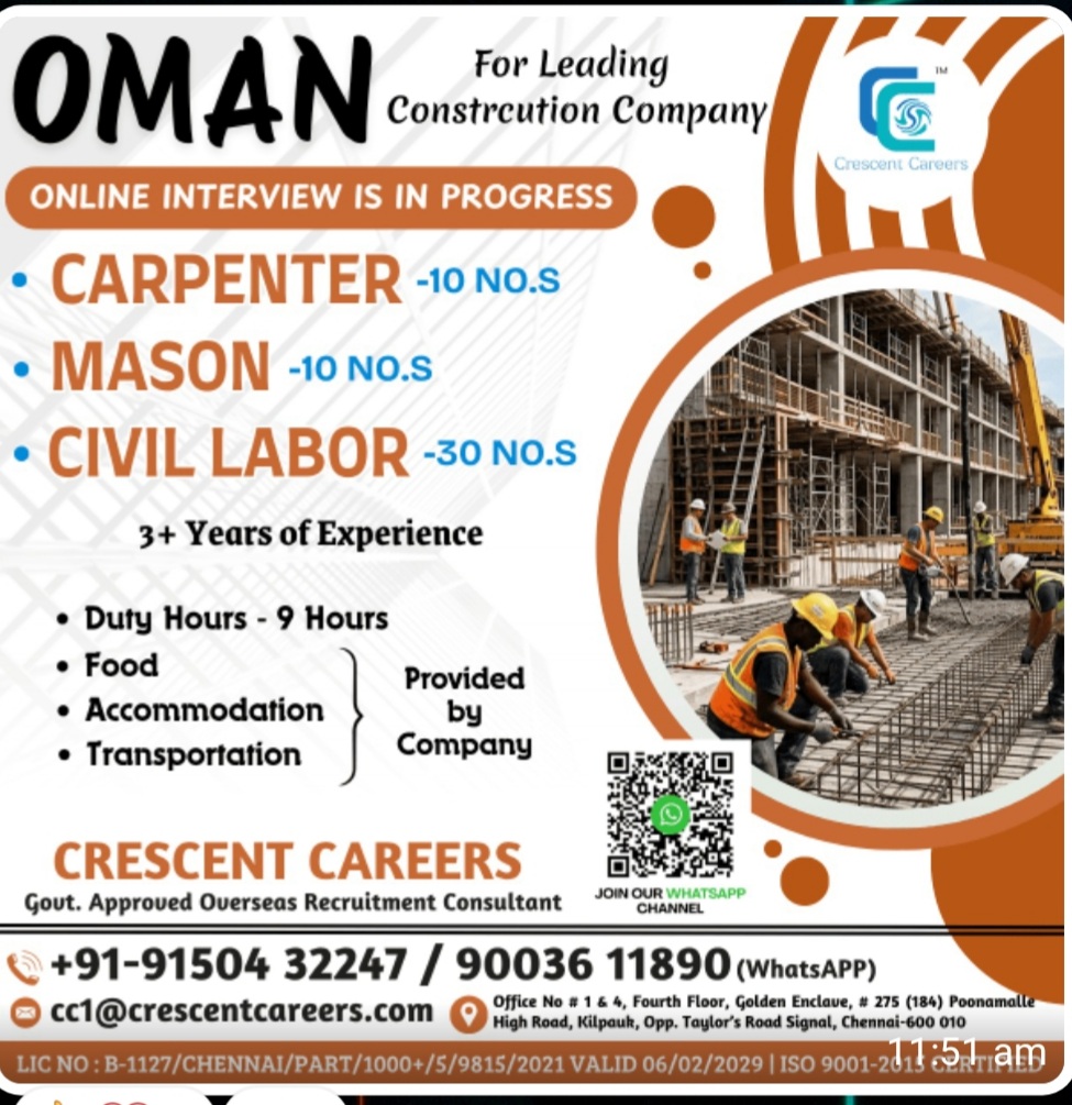 LEADING CONSTRUCTION COMPANY IS HIRING FOR OMAN