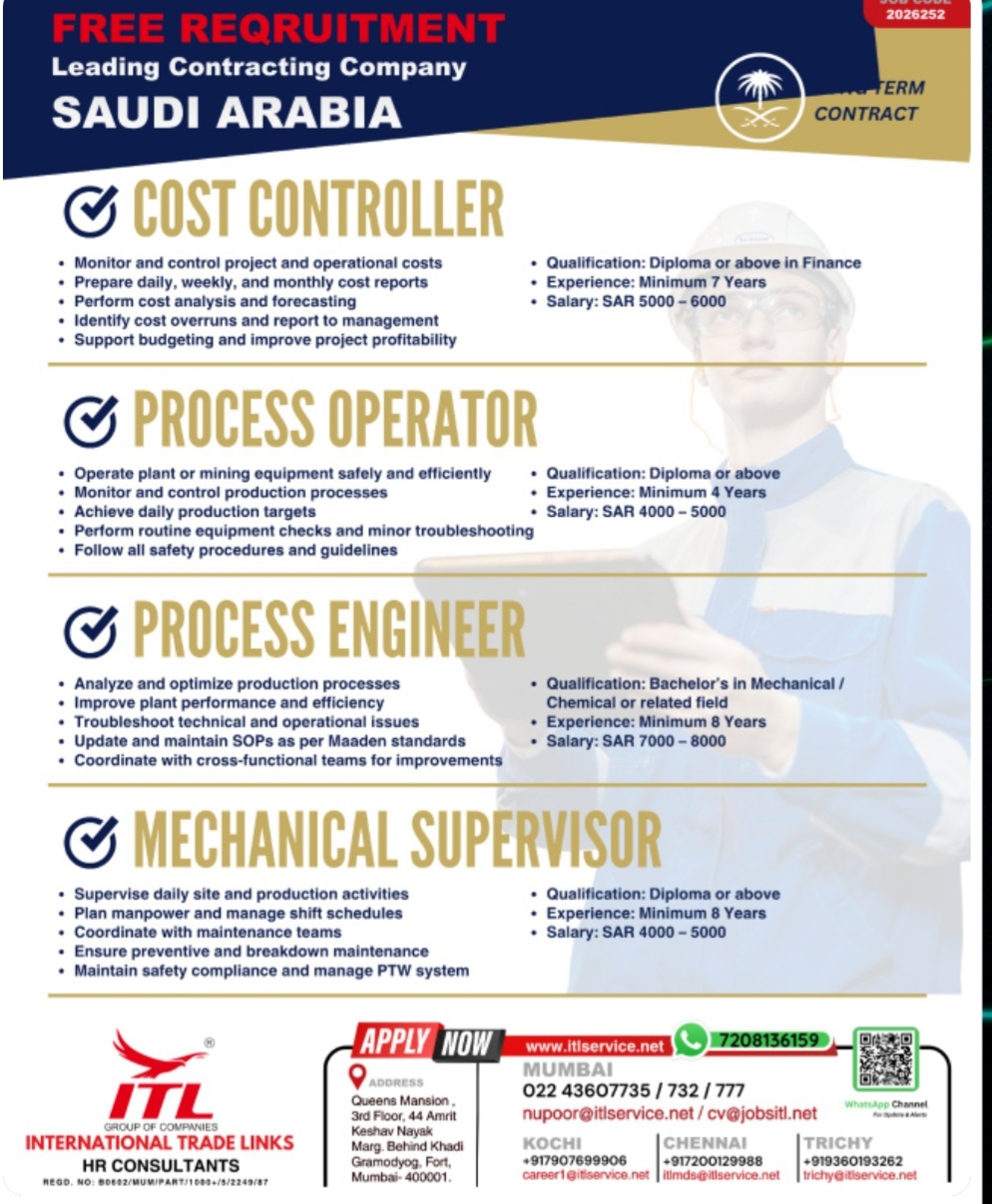 LEADING CONTRACTING COMPANY IS HIRING IN SAUDI ARABIA