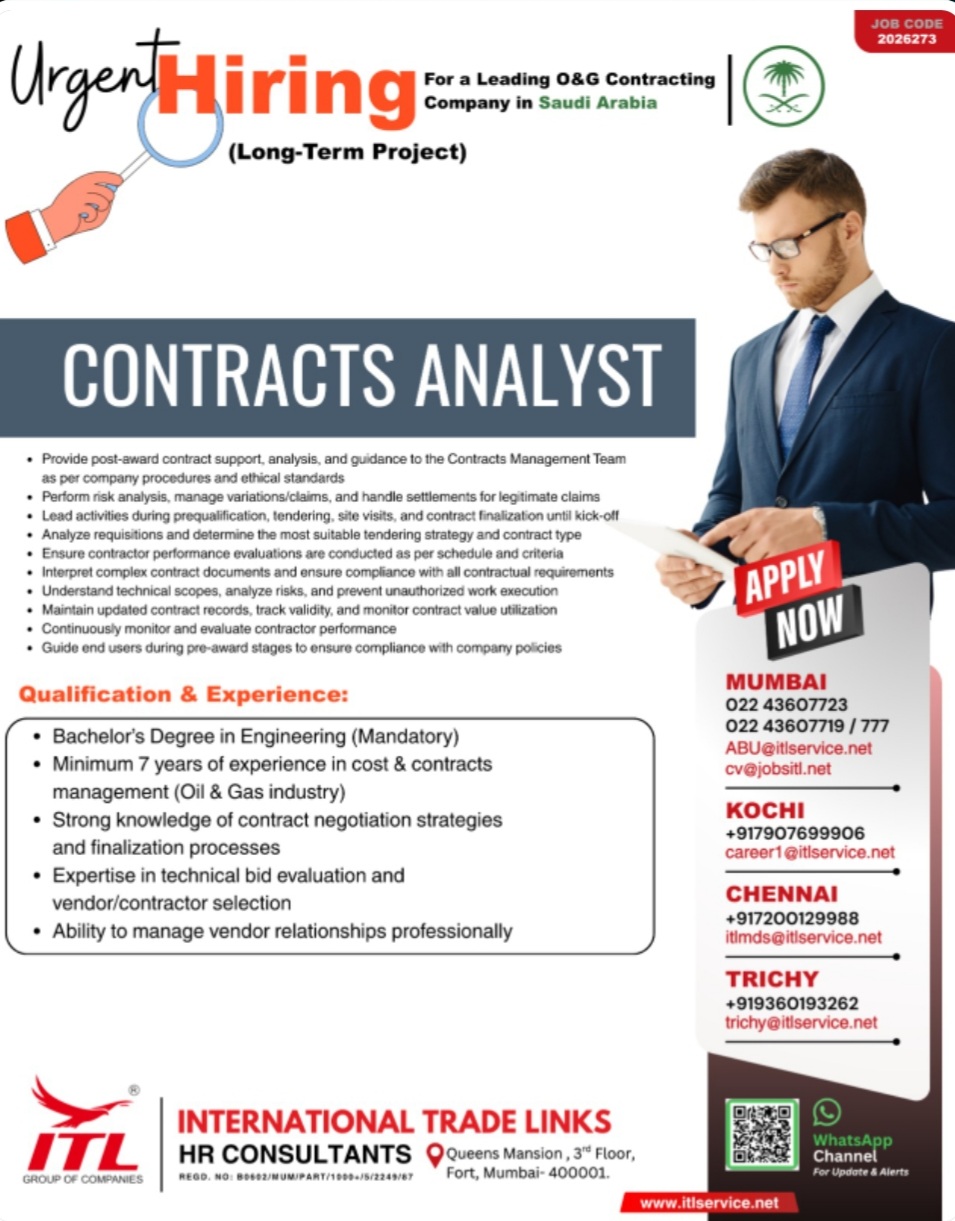 LEADING O&G CONTRACTING COMPANY IS HIRING AT SAUDI ARABIA