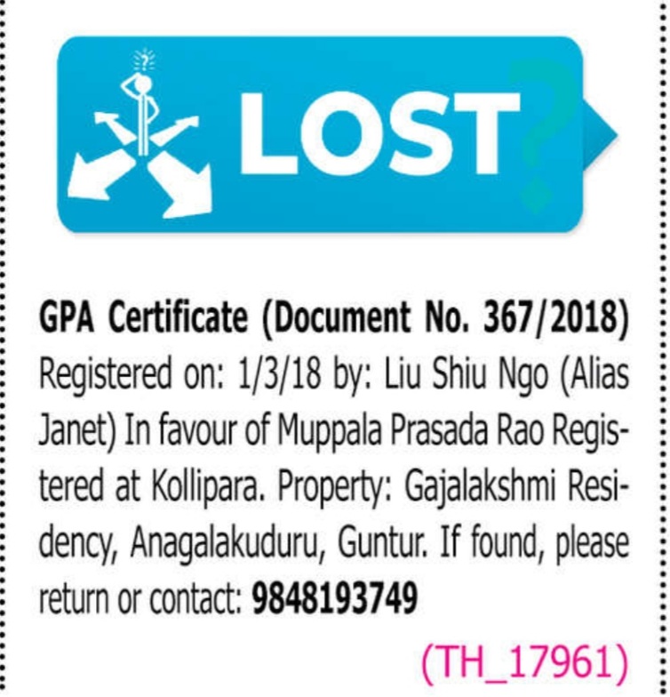 LOST OF CERTIFICATE