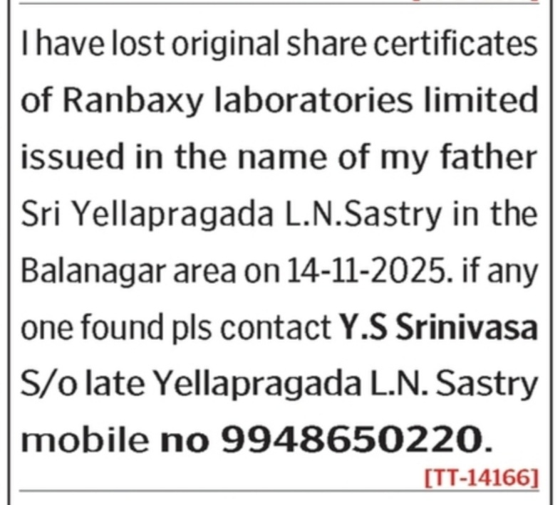 LOST OF CERTIFICATES