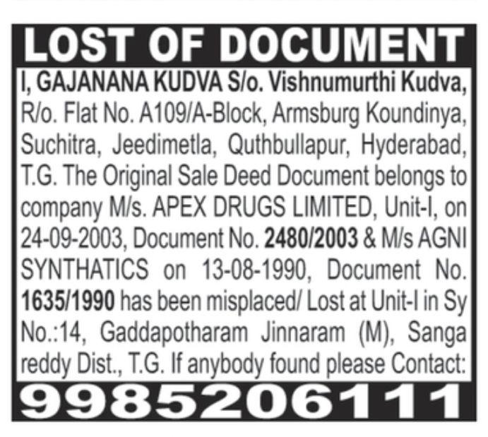 LOST OF DOCUMENT