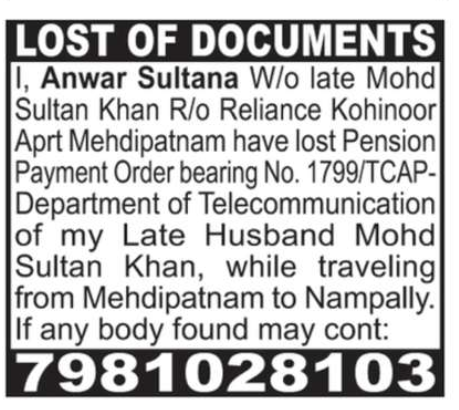 LOST OF DOCUMENT