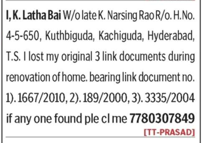 LOST OF DOCUMENT