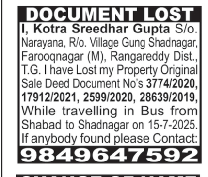 LOST OF DOCUMENT