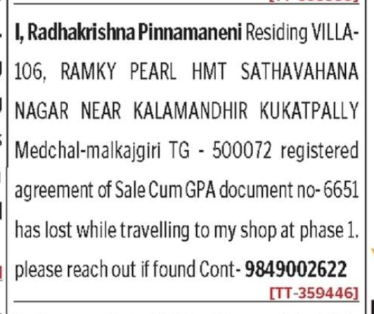 LOST OF DOCUMENT
