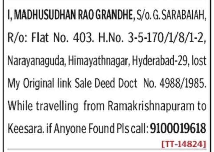 LOST OF DOCUMENT