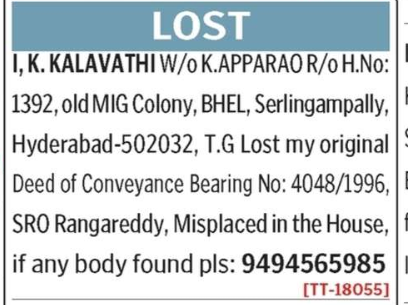 LOST OF DOCUMENT