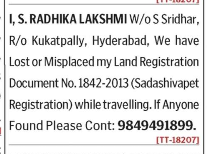 LOST OF DOCUMENT
