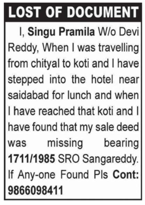 LOST OF DOCUMENT