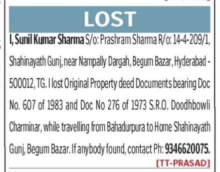 LOST OF DOCUMENT