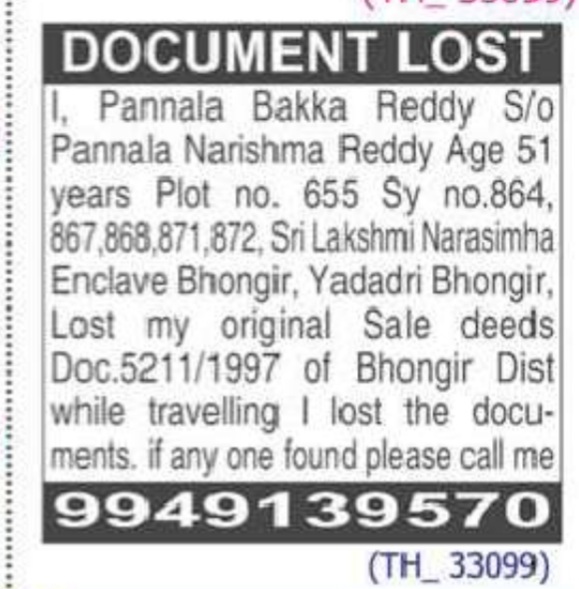 LOST OF DOCUMENTS