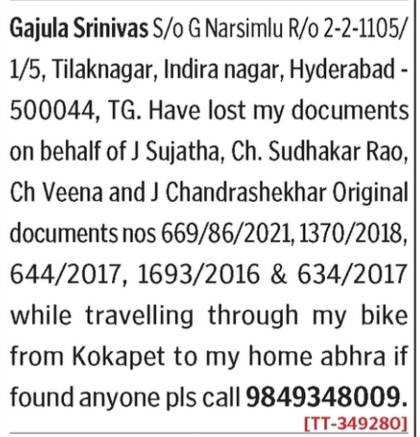 LOST OF DOCUMENTS