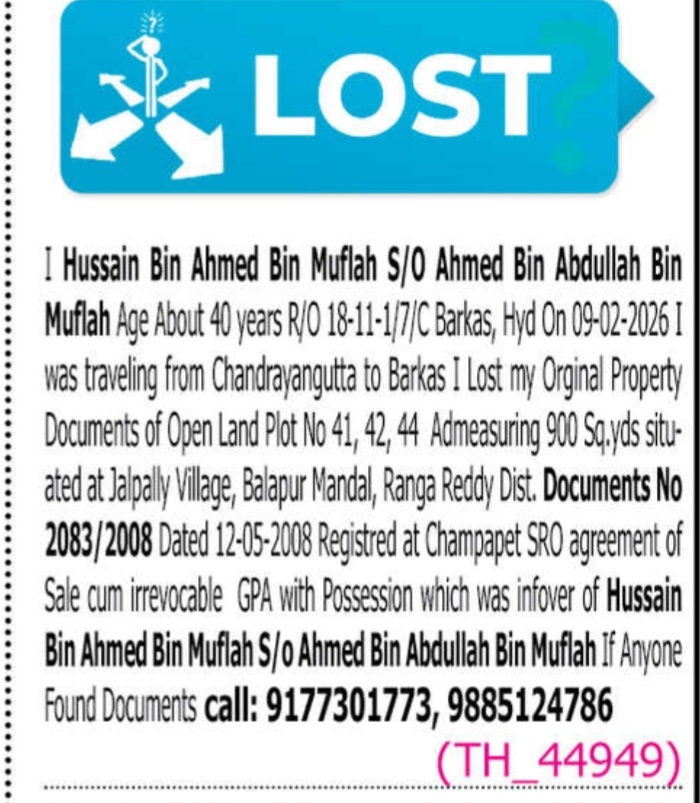LOST OF DOCUMENTS