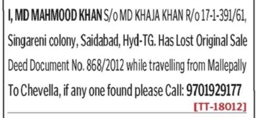 LOST OF DOCUMENTS
