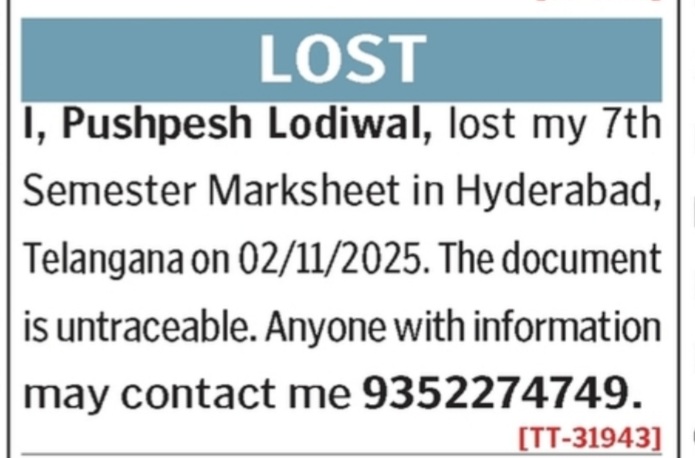 LOST OF MARKSHEET