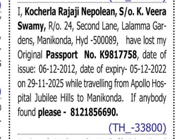 LOST OF PASSPORT-K9817758