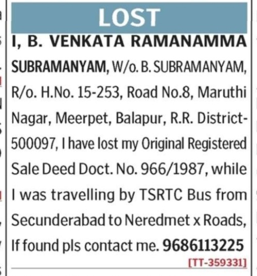 LOST OF SALE DEED DOCUMENT