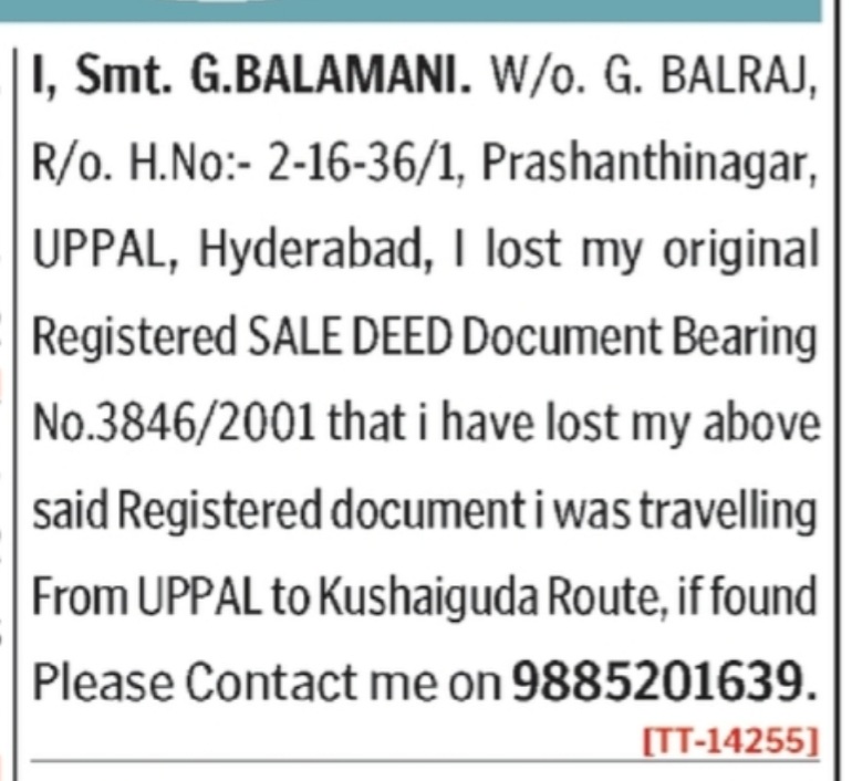 LOST OF SALE DEED