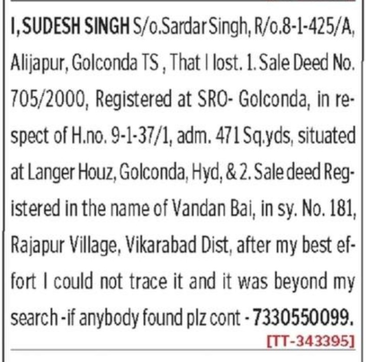 LOST OF SALE DEED