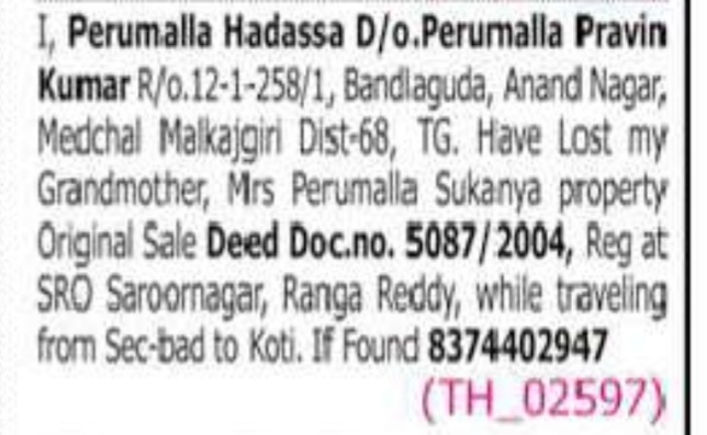 LOST OF SALE DEED