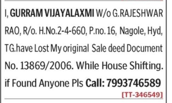 LOST OF SALE DEED