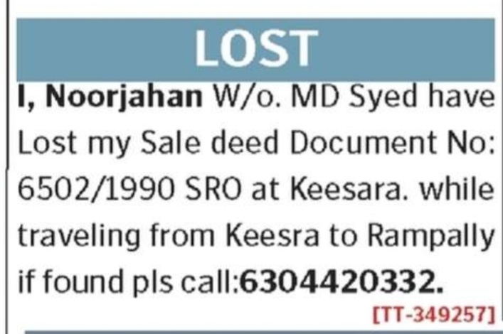 LOST OF SALE DEED