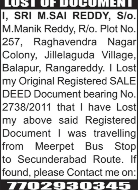 LOST OF SALE DEED
