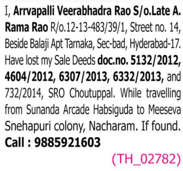 LOST OF SALE DEED