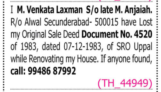 LOST OF SALE DEED