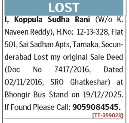 LOST OF SALE DEED