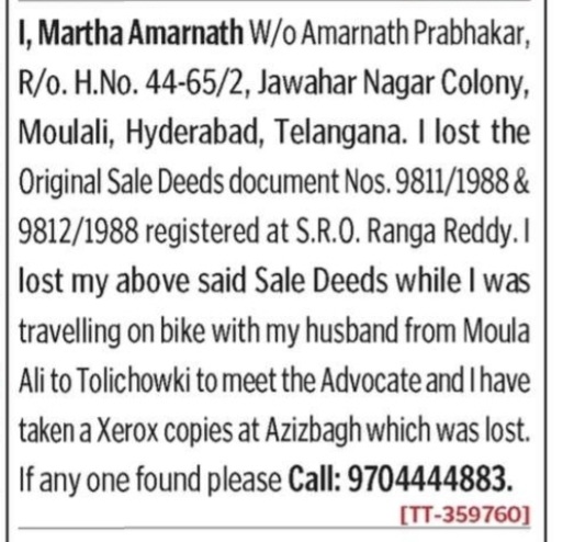 LOST OF SALE DEED