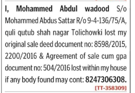 LOST OF SALE DEED